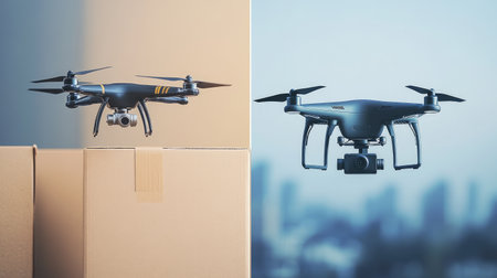 Split image showing evolution of drones from basic quadcopters to advanced delivery dronesの素材