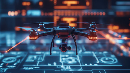 Tech drone capturing and instantly uploading surveillance footage to a control center, visualized with data beamsの素材