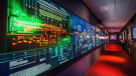 Tech display wall showing evolution of input devices from punch cards to voice recognitionの素材