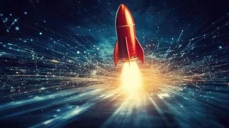 Tech startup launch banner with rocket icon, network overlays, and success arrows in motionの素材