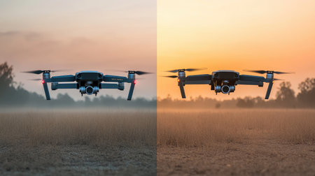 Split image showing evolution of drones from basic quadcopters to advanced delivery dronesの素材