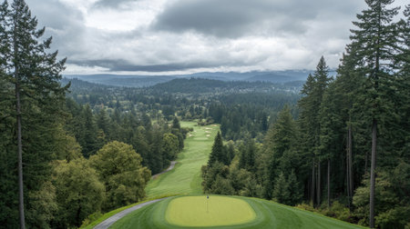 Aerial motion blur of swing on elevated tee box with valley view in distanceの素材
