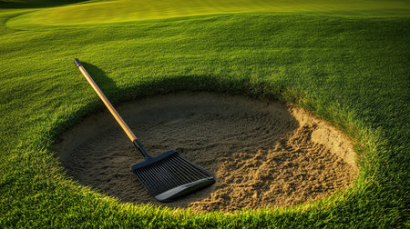 A rake placed next to a perfectly smoothed bunker, recently cleaned by a careful golferの素材