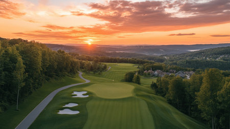 Aerial shot of a perfectly manicured golf green under vibrant orange and pink skiesの素材
