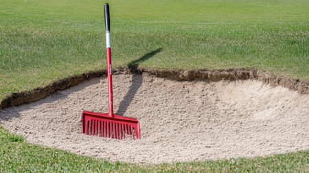 A rake placed next to a perfectly smoothed bunker, recently cleaned by a careful golferの素材