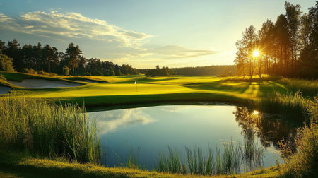Ball retriever floating in a pond on a golf course beside a sunlit greenの素材