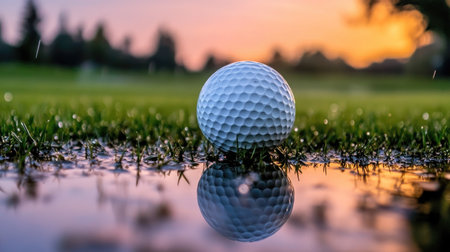 Club and ball against dawn sky with movement arc reflected on wet grassの素材