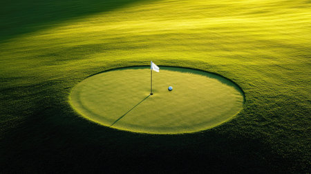 Clean shot of green with flagstick, golf ball just inches from hole after perfect puttの素材