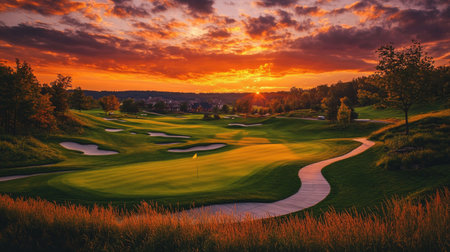 Elevated camera shot of golf course paths meandering toward a fiery sunsetの素材