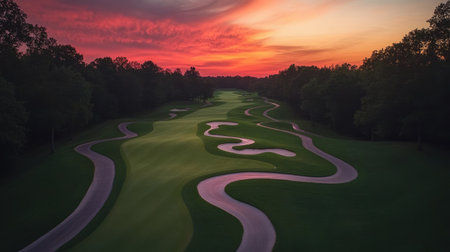 Elevated camera shot of golf course paths meandering toward a fiery sunsetの素材