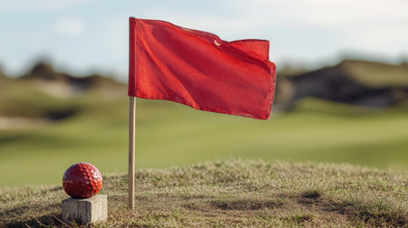 Elegant early th-century course flag waving beside vintage tee markerの素材