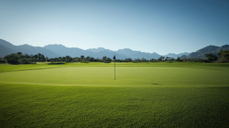 Empty putting green with a flagstick centered and mountains in the distance under a clear skyの素材