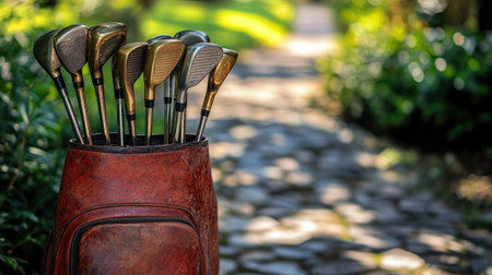 Early golf bag filled with brass irons beside cobbled cart path entranceの素材