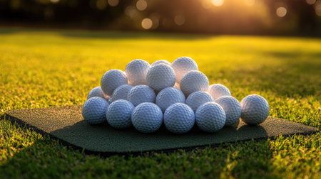 Golf balls arranged in pyramid on a tee box mat, ready for driving range practiceの素材