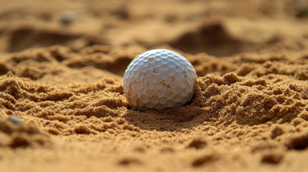 Golf ball in a bunker with sand raked neatly around, showing difficulty in the gameの素材