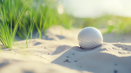 Golf ball on the edge of a bunker, capturing the contrast between sand and grass texturesの素材
