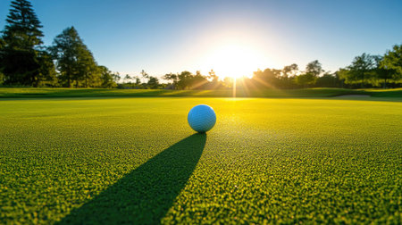 Golf ball mid-roll toward the cup, shadow stretching across the putting green as the sun setsの素材