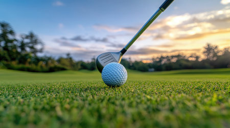 Golf ball on tee with club positioned for a drive, early morning light over the fairway, game setup completeの素材