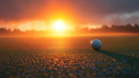 Golf ball rolling toward the hole on a putting green during sunrise with morning hazeの素材