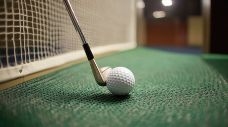 Golf club making contact with ball on a practice mat with net in backgroundの素材