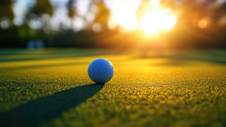 Golf ball mid-roll toward the cup, shadow stretching across the putting green as the sun setsの素材