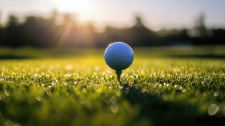 Golf ball on a tee with early morning dew and sunlight casting long shadows across the green fairwayの素材