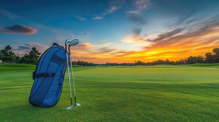 Golf carry bag propped against post with scenic sunset over course in backgroundの素材