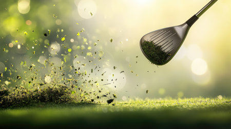 Golf club mid-swing through the air, slicing across sunlight with motion blur and flying turfの素材
