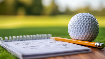 Golf scorecard, pencil, and tee placed on a wooden table beside a practice greenの素材