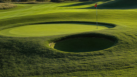 Golf hole with a visible slope leading into a valley green, emphasizing challenging terrainの素材