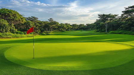 Golf hole with red flag waving slightly in the breeze, surrounded by lush green landscapeの素材