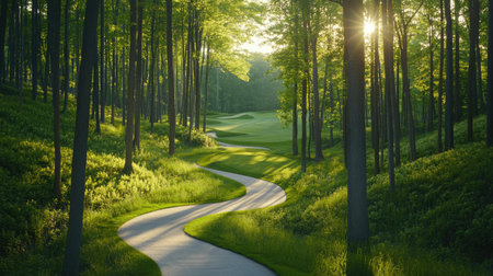 Golf course path curving through a forested area with filtered sunlight breaking throughの素材