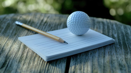 Golf scorecard, pencil, and tee placed on a wooden table beside a practice greenの素材