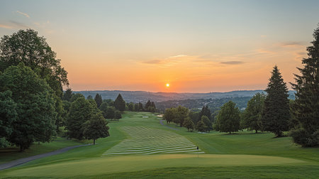 Idyllic golf landscape with striped fairways illuminated by soft orange sunset huesの素材