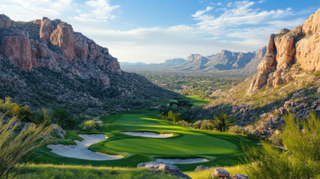 Golf tee box with visible elevation above fairway and scenic valley belowの素材