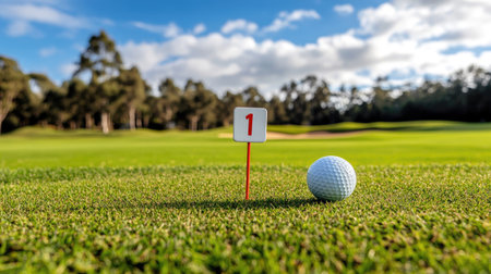 Golf tee marked by distance and hole number sign, club and ball in foregroundの素材