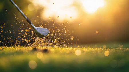 Iron club completing a swing near ground, divot and grass flying in crisp detailの素材