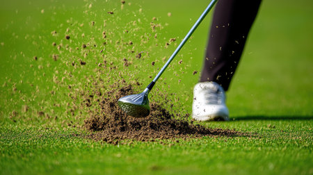 Iron club completing a swing near ground, divot and grass flying in crisp detailの素材