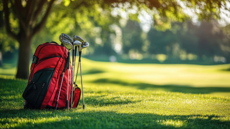 Lightweight carry bag with clubs resting under a tree shade beside the fairwayの素材