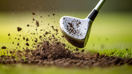 Grass flying up during iron shot, dirt and debris trailing behind swinging clubの素材