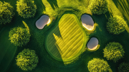 Isolated golf hole with surrounding bunkers and precision-mowed grass patternsの素材