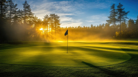 Light mist over the course at sunset with glowing flag and shadowed greensの素材