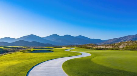 Landscape shot of a winding golf path leading between holes under blue skiesの素材