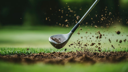 Grass flying up during iron shot, dirt and debris trailing behind swinging clubの素材