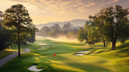 Light mist over the course at sunset with glowing flag and shadowed greensの素材