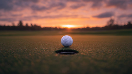 Low angle of golf ball near hole with background sky filled with warm orange tonesの素材