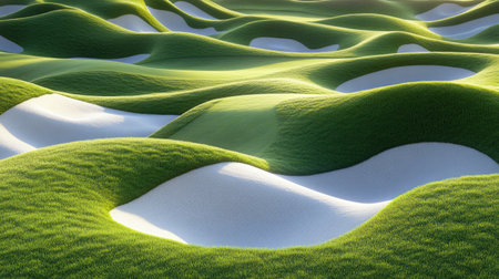 Isolated golf hole with surrounding bunkers and precision-mowed grass patternsの素材