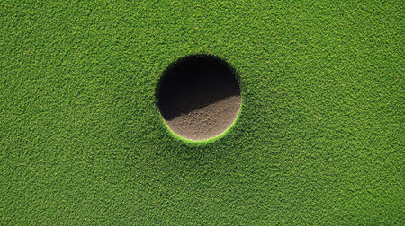 Minimalist view of a single hole on an otherwise empty green, symbolizing focus and calmの素材