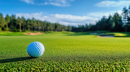 Low angle view of golf ball on tee ready for drive, blue sky and wide fairway aheadの素材