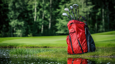 Modern ultralight golf bag positioned near water hazard, clubs ready for next carry shotの素材